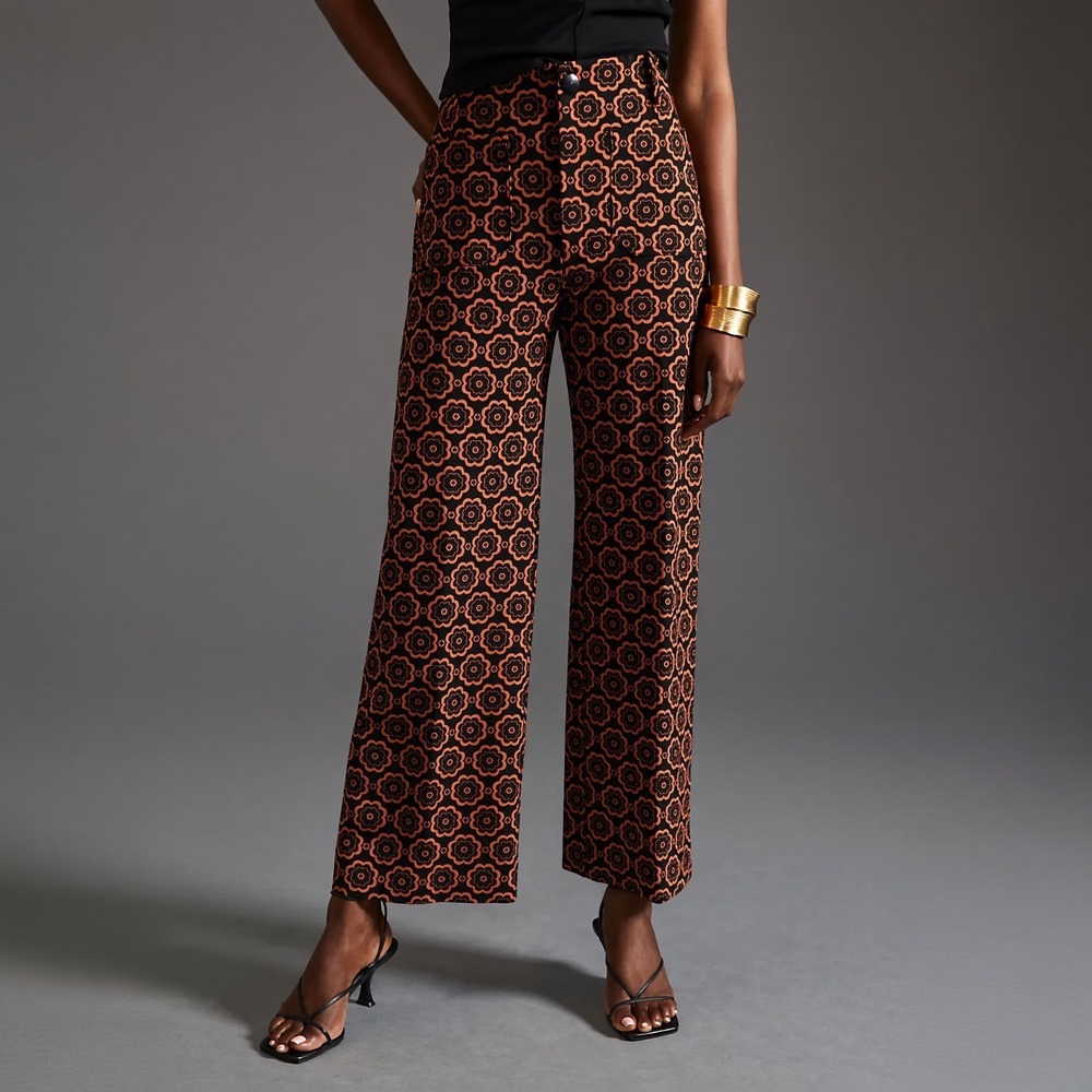 Maeve Anthropologie The Colette Wide Leg Ponte Pants Orange Black Floral 27T